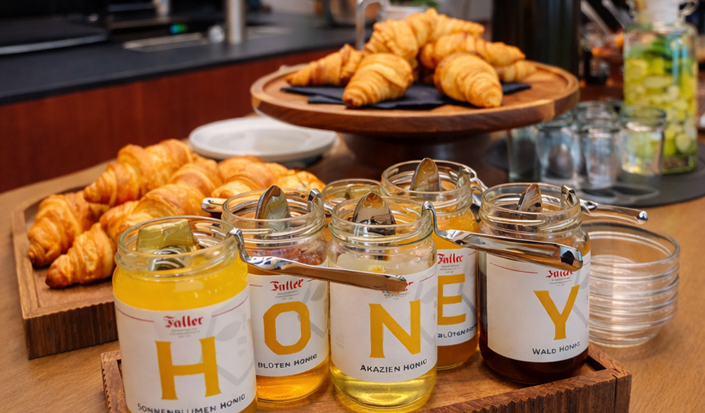 Gläser mit 'HONEY' (Blütenhonig, Akazienhonig, Waldhonig) vor Croissants