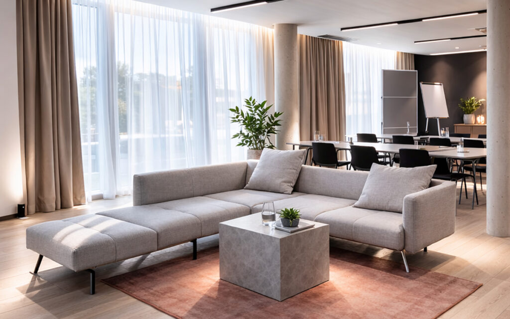 Großes graues Ecksofa steht zentral, mit kleinem quadratischem Couchtisch und Sukkulente darauf in einem Konferenzraum im Tagungshotel nahe Stuttgart