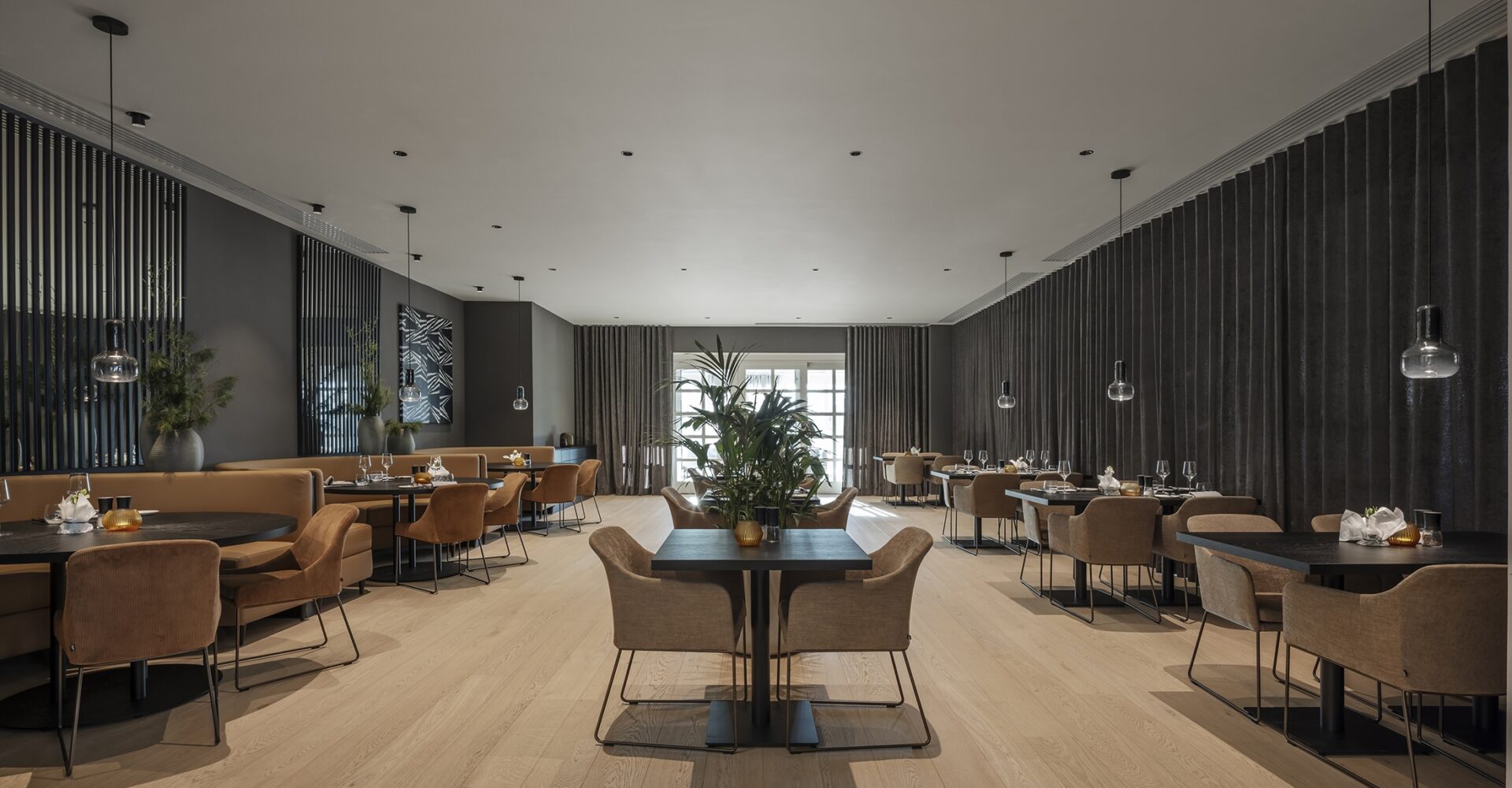 Zimmerpflanze steht mittig, umgeben von Tischen in modernem Restaurant in Affalterbach